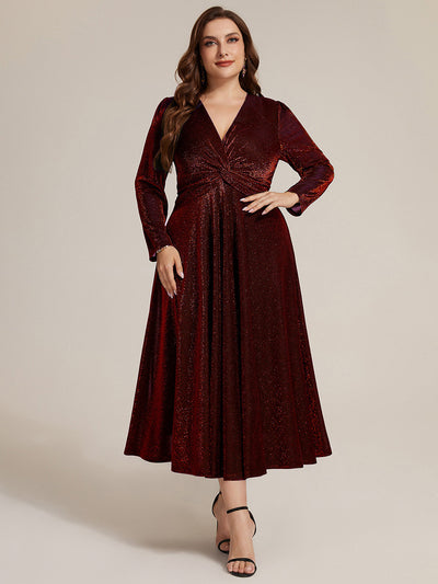 Plus Size Knot Detail Glitter Long Sleeve Wedding Guest Dress