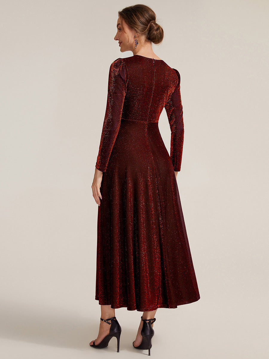 Knot Detail Knit Glitter Long Sleeve Wedding Guest Dress #color_Burgundy