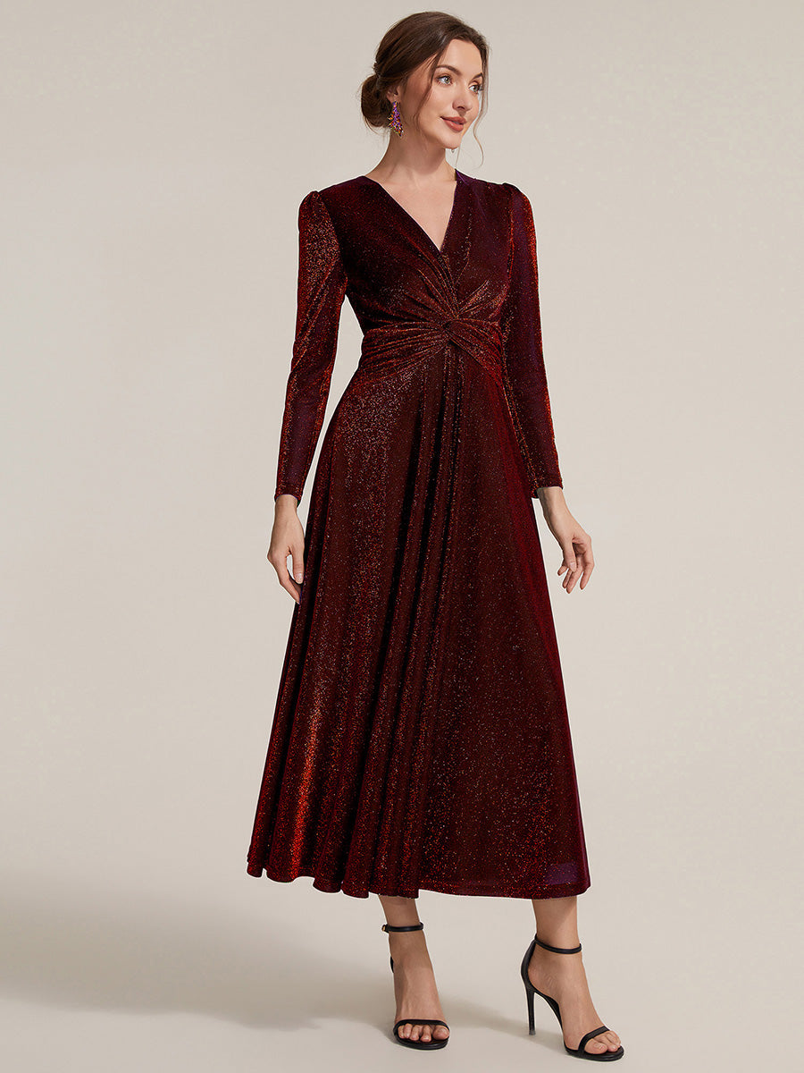 Knot Detail Knit Glitter Long Sleeve Wedding Guest Dress #color_Burgundy