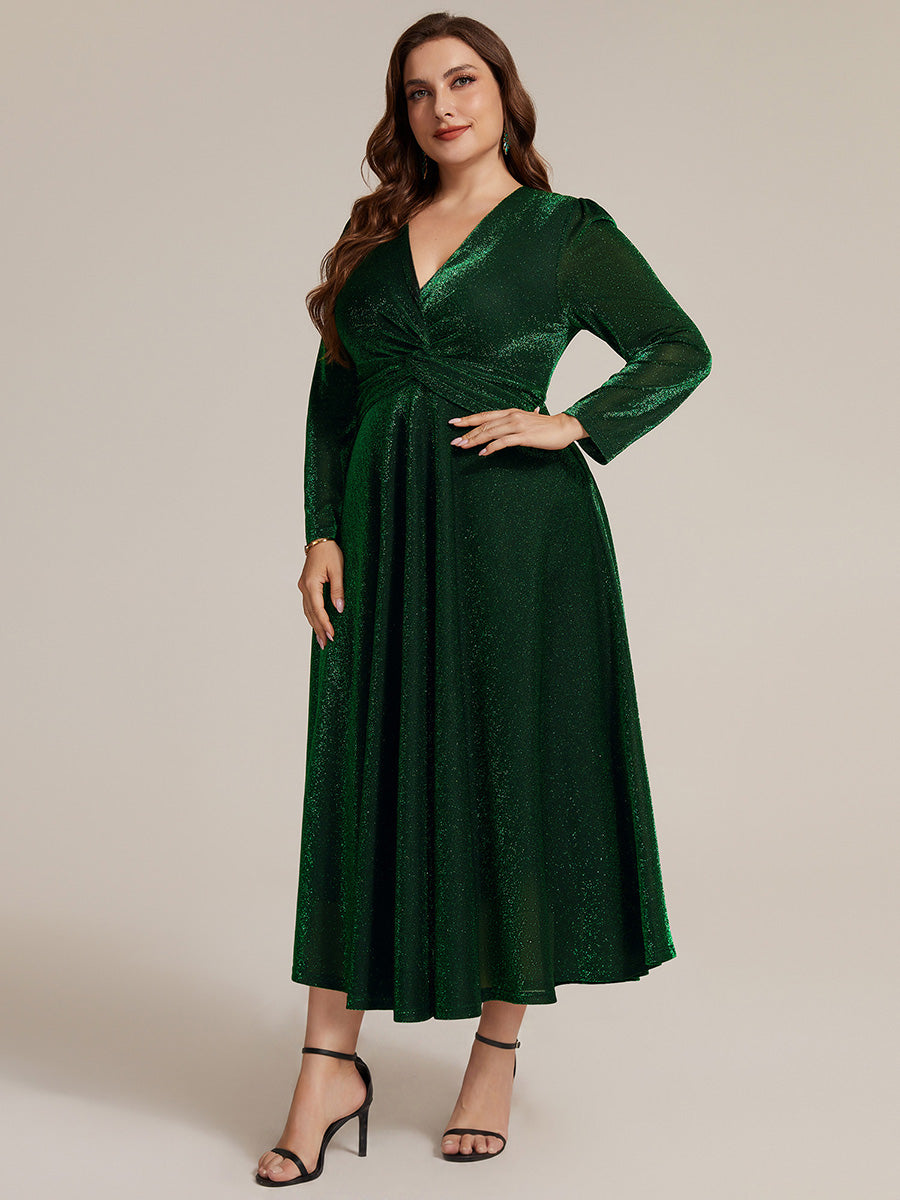 Knot Detail Knit Glitter Long Sleeve Wedding Guest Dress #color_Dark Green