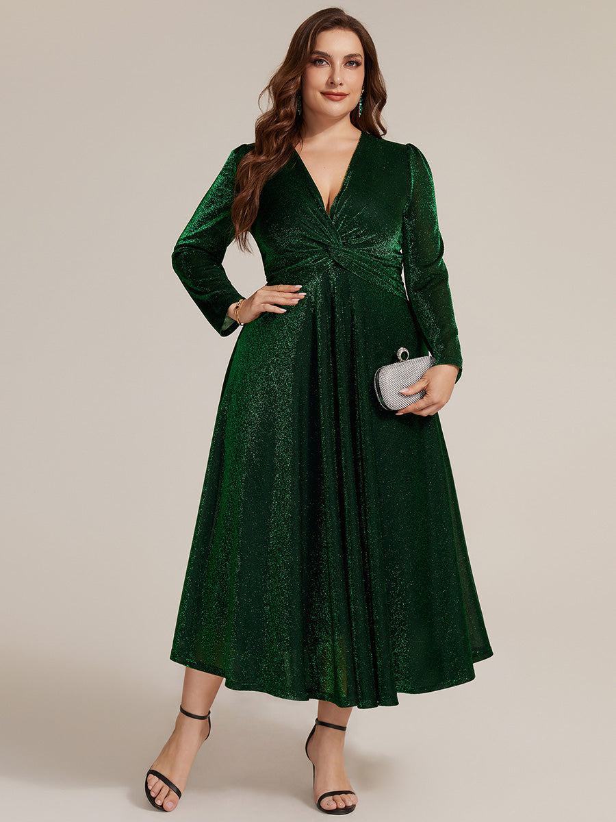 Plus Size Knot Detail Glitter Long Sleeve Wedding Guest Dress #color_Dark Green