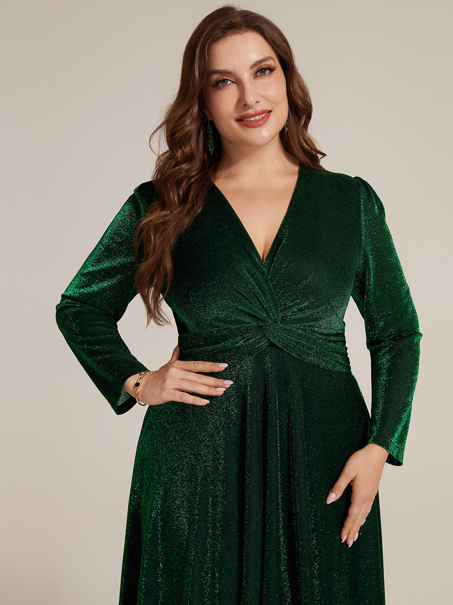 Plus Size Knot Detail Glitter Long Sleeve Wedding Guest Dress #color_Dark Green