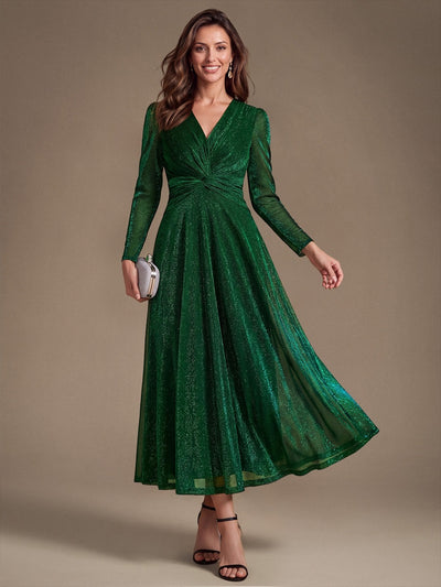 Knot Detail Knit Glitter Long Sleeve Wedding Guest Dress