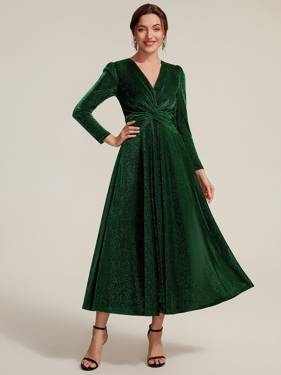Knot Detail Knit Glitter Long Sleeve Wedding Guest Dress #color_Dark Green