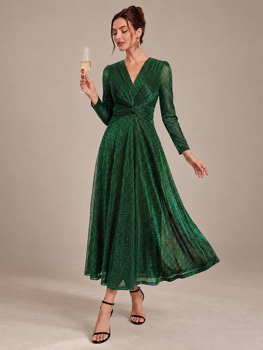 Knot Detail Knit Glitter Long Sleeve Wedding Guest Dress #color_Dark Green