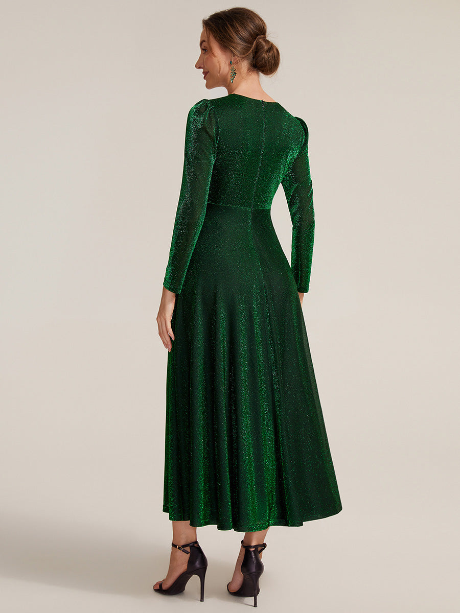 Knot Detail Knit Glitter Long Sleeve Wedding Guest Dress #color_Dark Green