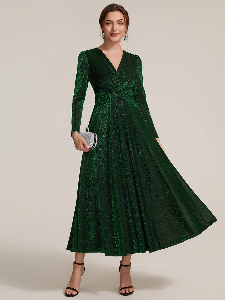 Knot Detail Knit Glitter Long Sleeve Wedding Guest Dress #color_Dark Green