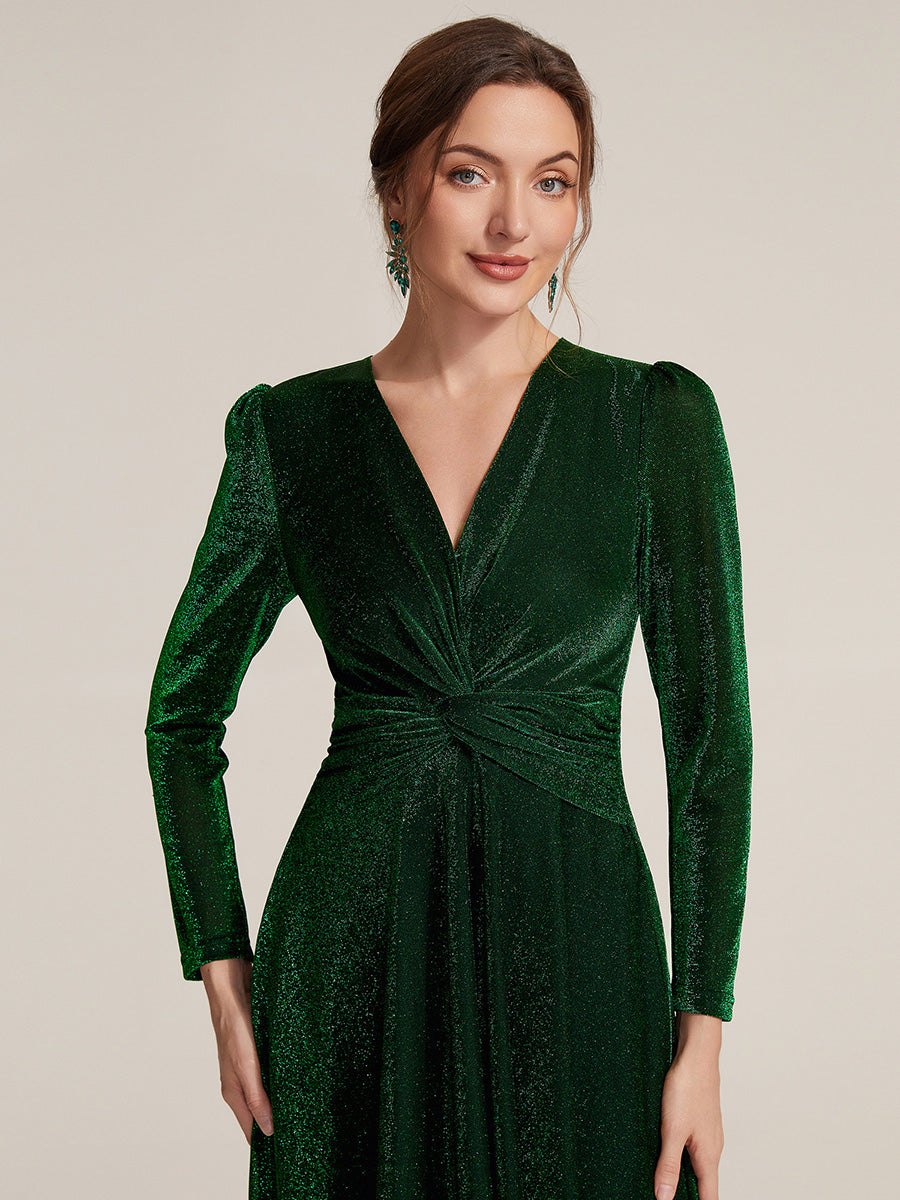 Knot Detail Knit Glitter Long Sleeve Wedding Guest Dress #color_Dark Green