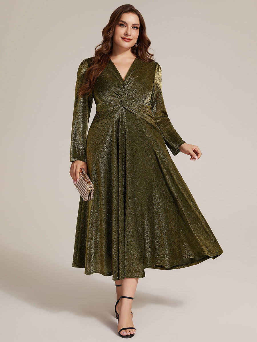 Knot Detail Knit Glitter Long Sleeve Wedding Guest Dress #color_Metallic Gold