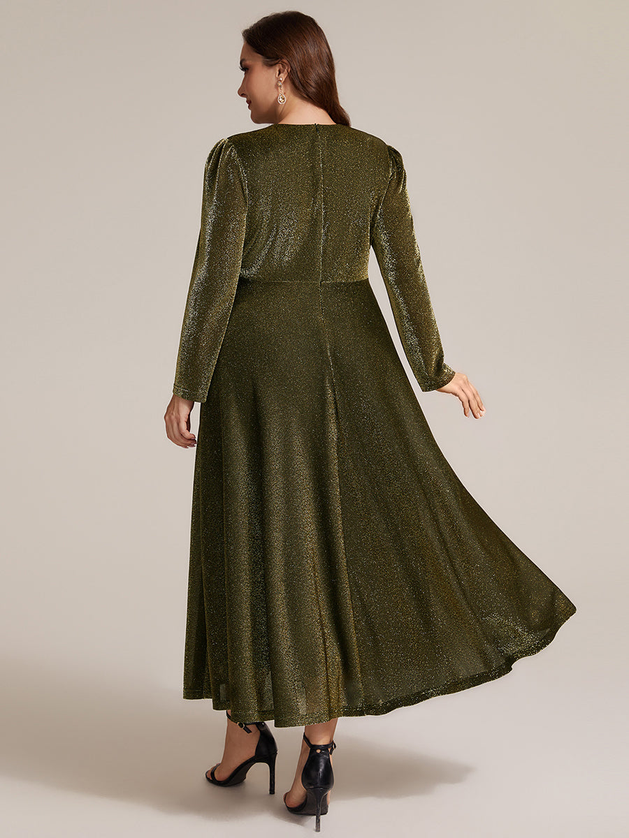 Plus Size Knot Detail Glitter Long Sleeve Wedding Guest Dress #color_Metallic Gold