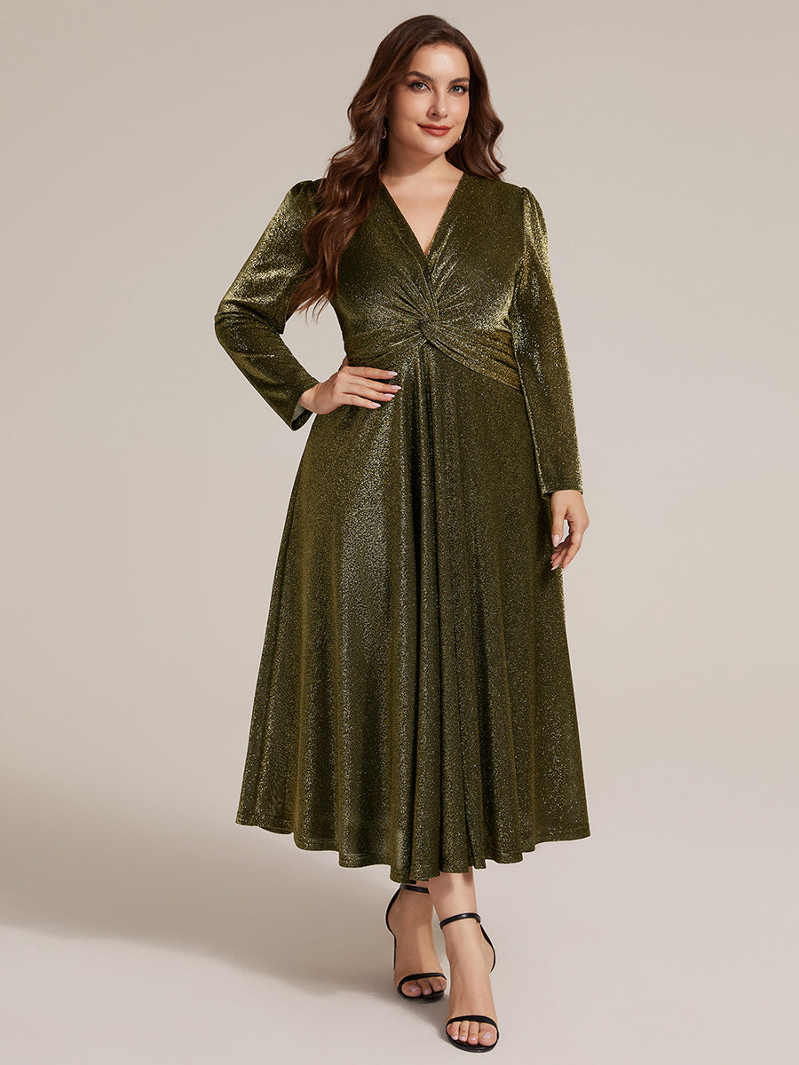 Knot Detail Knit Glitter Long Sleeve Wedding Guest Dress #color_Metallic Gold