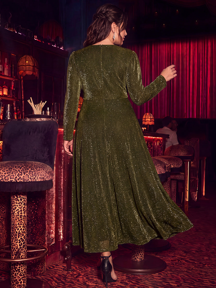 Plus Size Knot Detail Glitter Long Sleeve Wedding Guest Dress #color_Metallic Gold