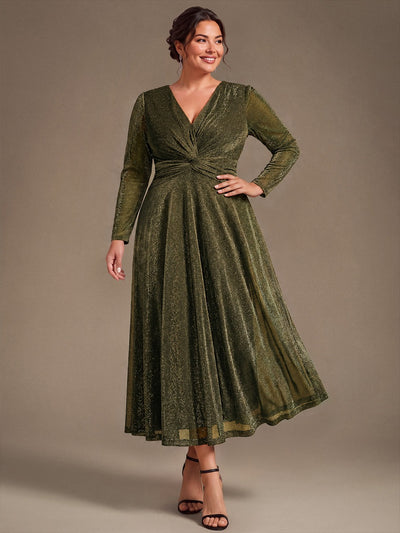 Plus Size Knot Detail Glitter Long Sleeve Wedding Guest Dress