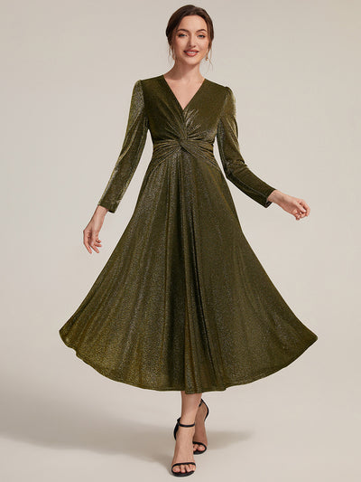 Knot Detail Knit Glitter Long Sleeve Wedding Guest Dress