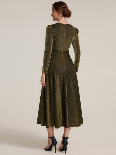 Knot Detail Knit Glitter Long Sleeve Wedding Guest Dress #color_Metallic Gold