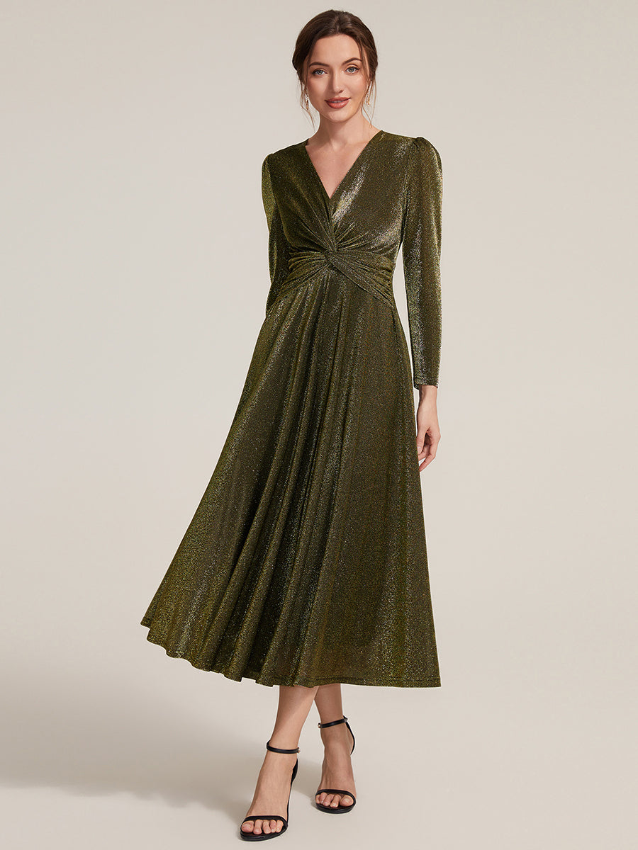 Knot Detail Knit Glitter Long Sleeve Wedding Guest Dress #color_Metallic Gold