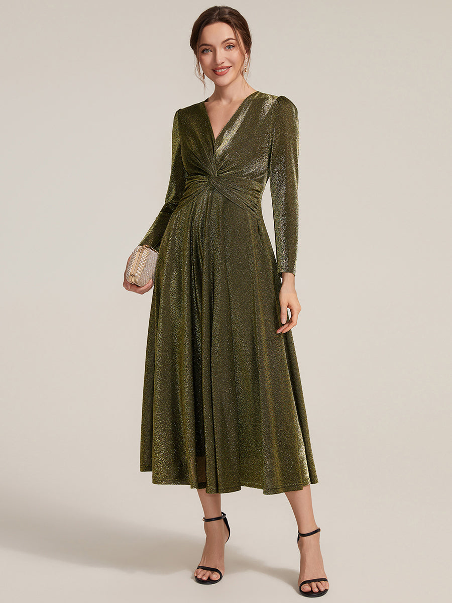 Knot Detail Knit Glitter Long Sleeve Wedding Guest Dress #color_Metallic Gold