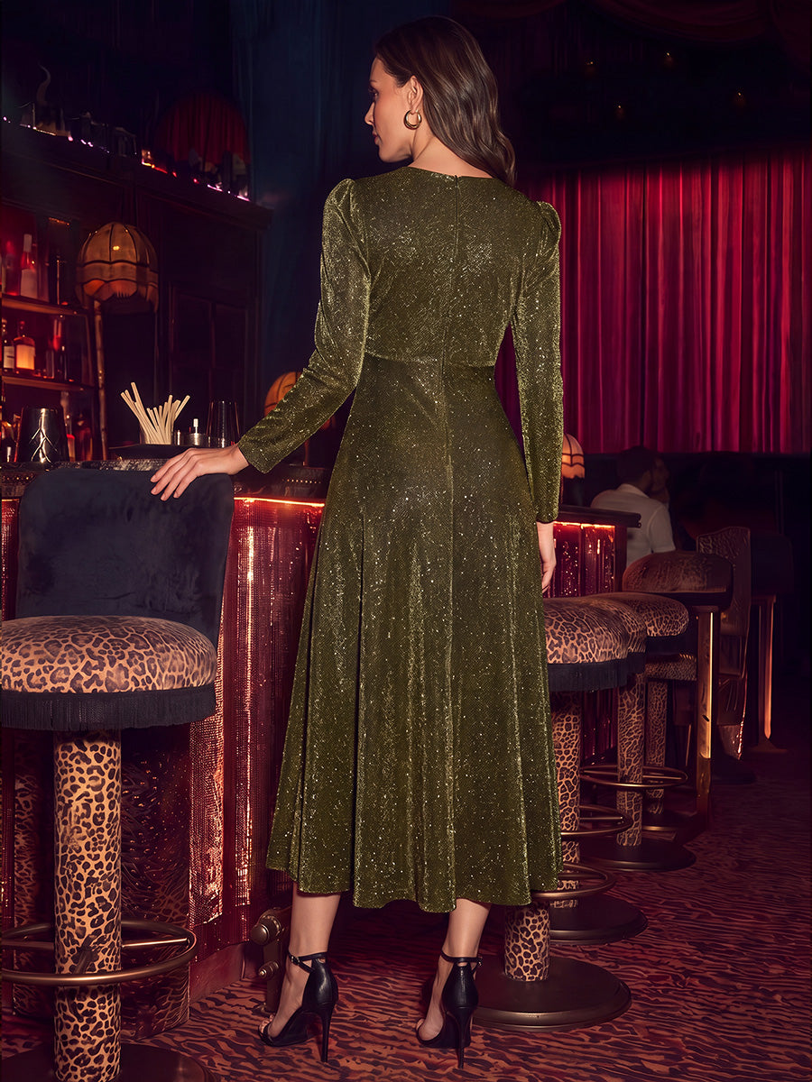 Knot Detail Knit Glitter Long Sleeve Wedding Guest Dress #color_Metallic Gold
