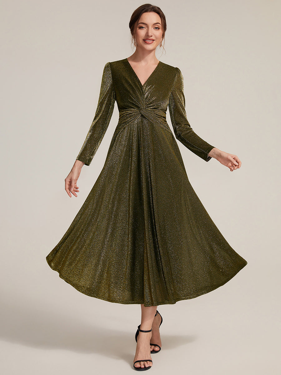 Knot Detail Knit Glitter Long Sleeve Wedding Guest Dress