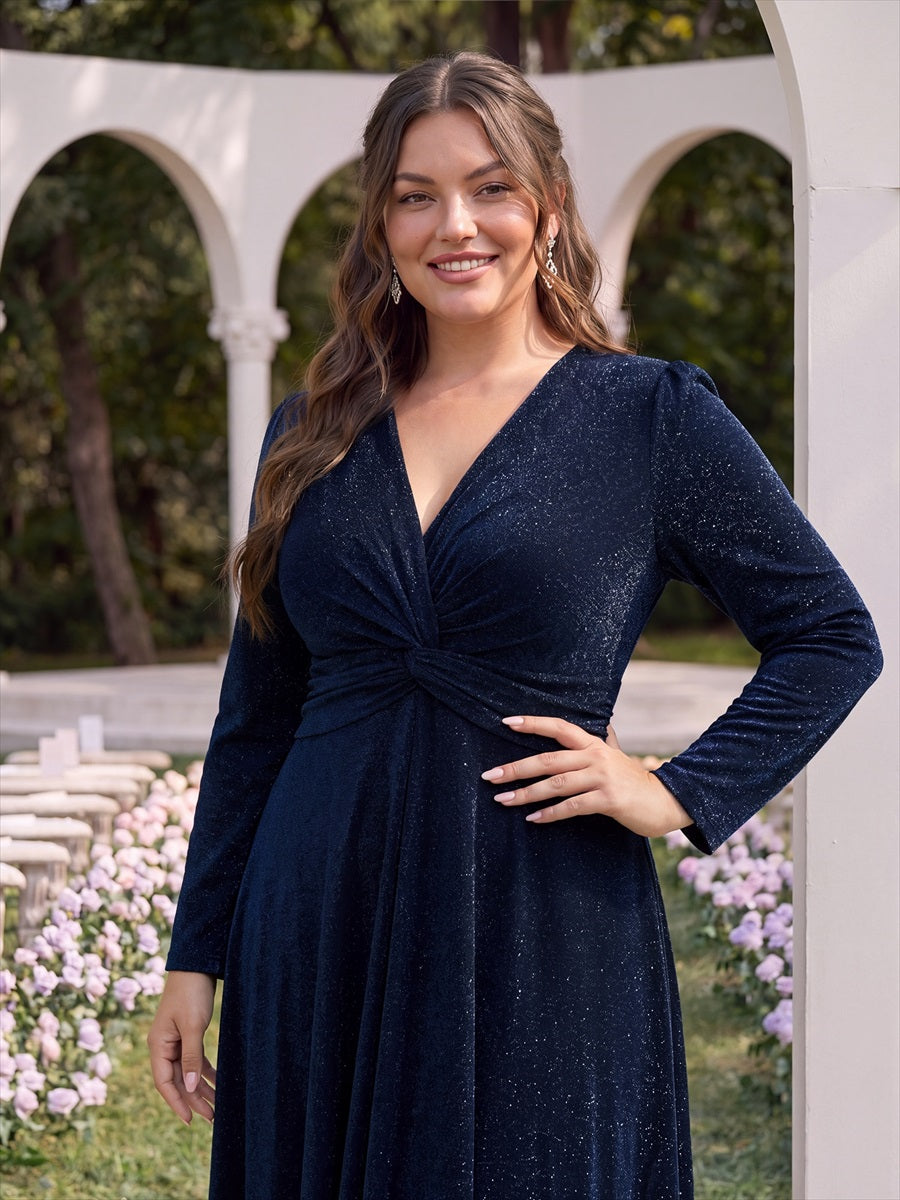 Plus Size Knot Detail Glitter Long Sleeve Wedding Guest Dress #color_Navy Blue