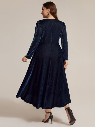 Plus Size Knot Detail Glitter Long Sleeve Wedding Guest Dress #color_Navy Blue