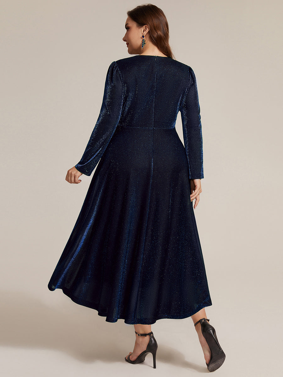 Plus Size Knot Detail Glitter Long Sleeve Wedding Guest Dress #color_Navy Blue