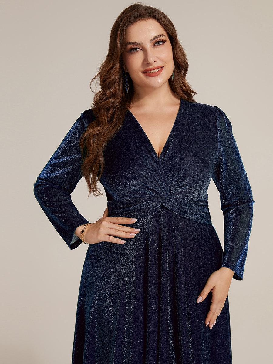 Plus Size Knot Detail Glitter Long Sleeve Wedding Guest Dress #color_Navy Blue