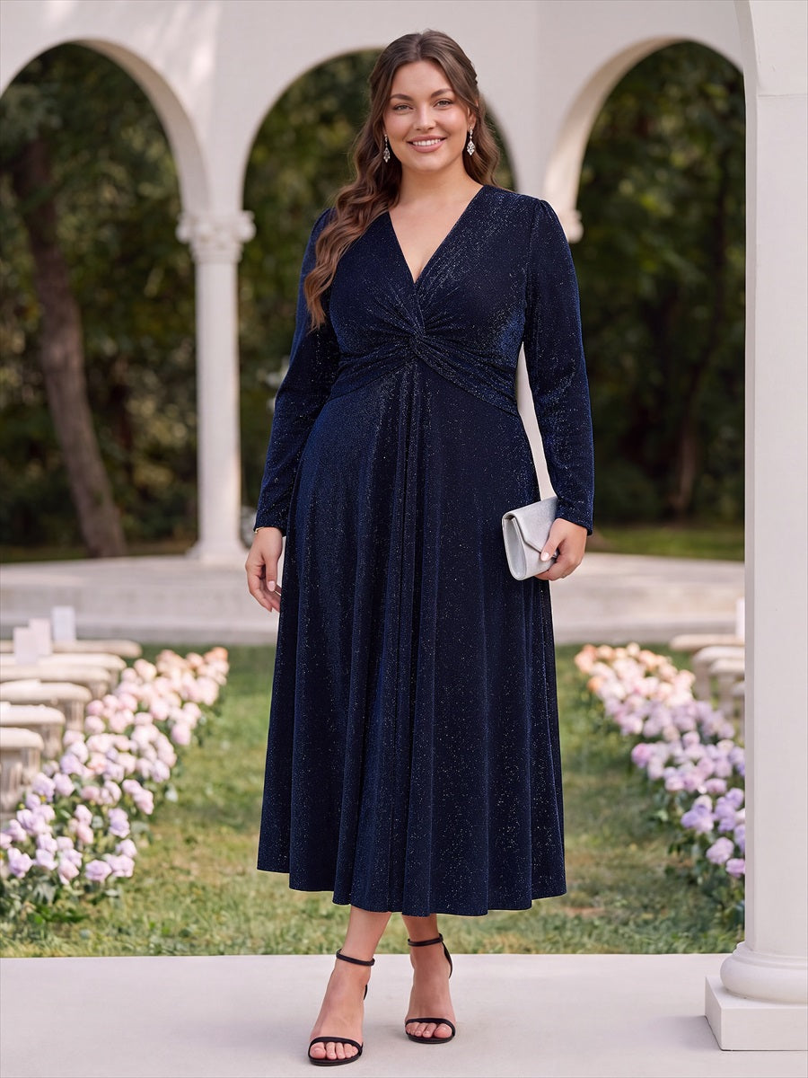 Plus Size Knot Detail Glitter Long Sleeve Wedding Guest Dress #color_Navy Blue