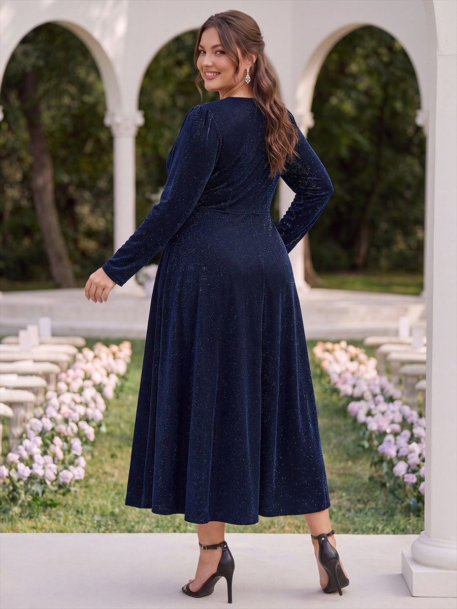 Plus Size Knot Detail Glitter Long Sleeve Wedding Guest Dress #color_Navy Blue
