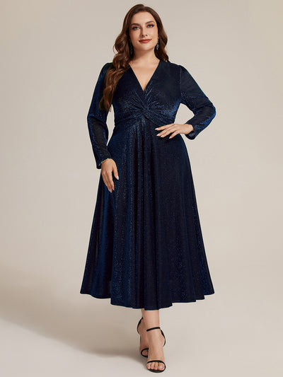 Plus Size Knot Detail Glitter Long Sleeve Wedding Guest Dress