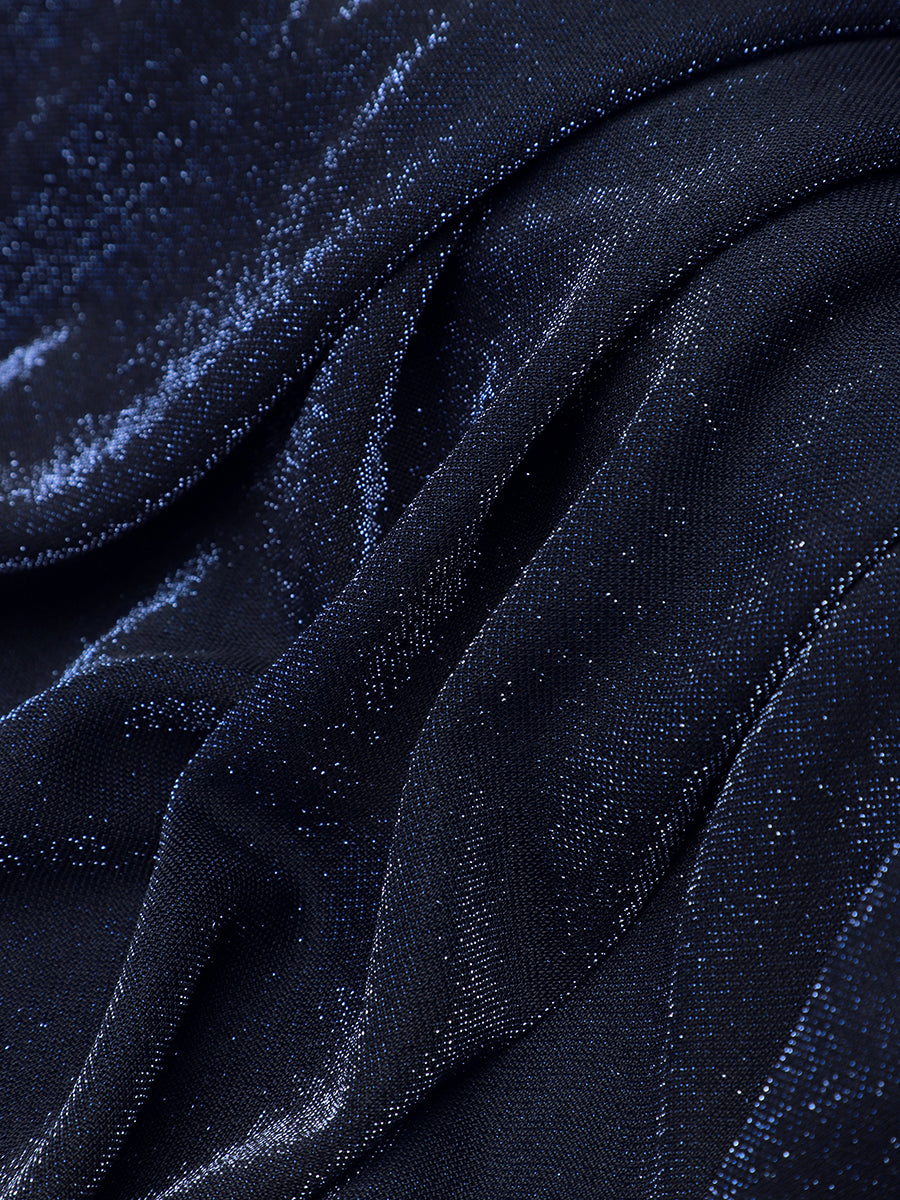 Plus Size Knot Detail Glitter Long Sleeve Wedding Guest Dress #color_Navy Blue