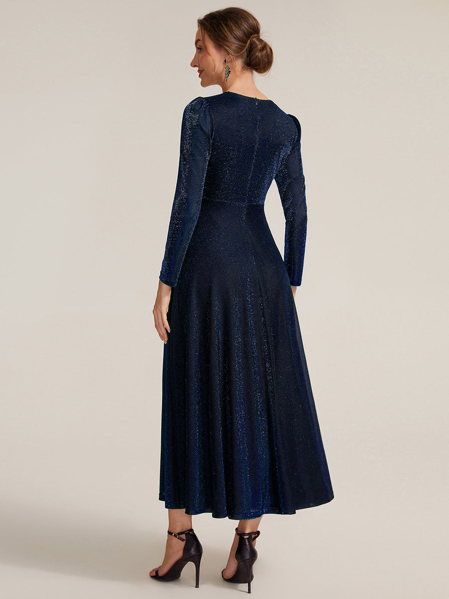 Knot Detail Knit Glitter Long Sleeve Wedding Guest Dress #color_Navy Blue