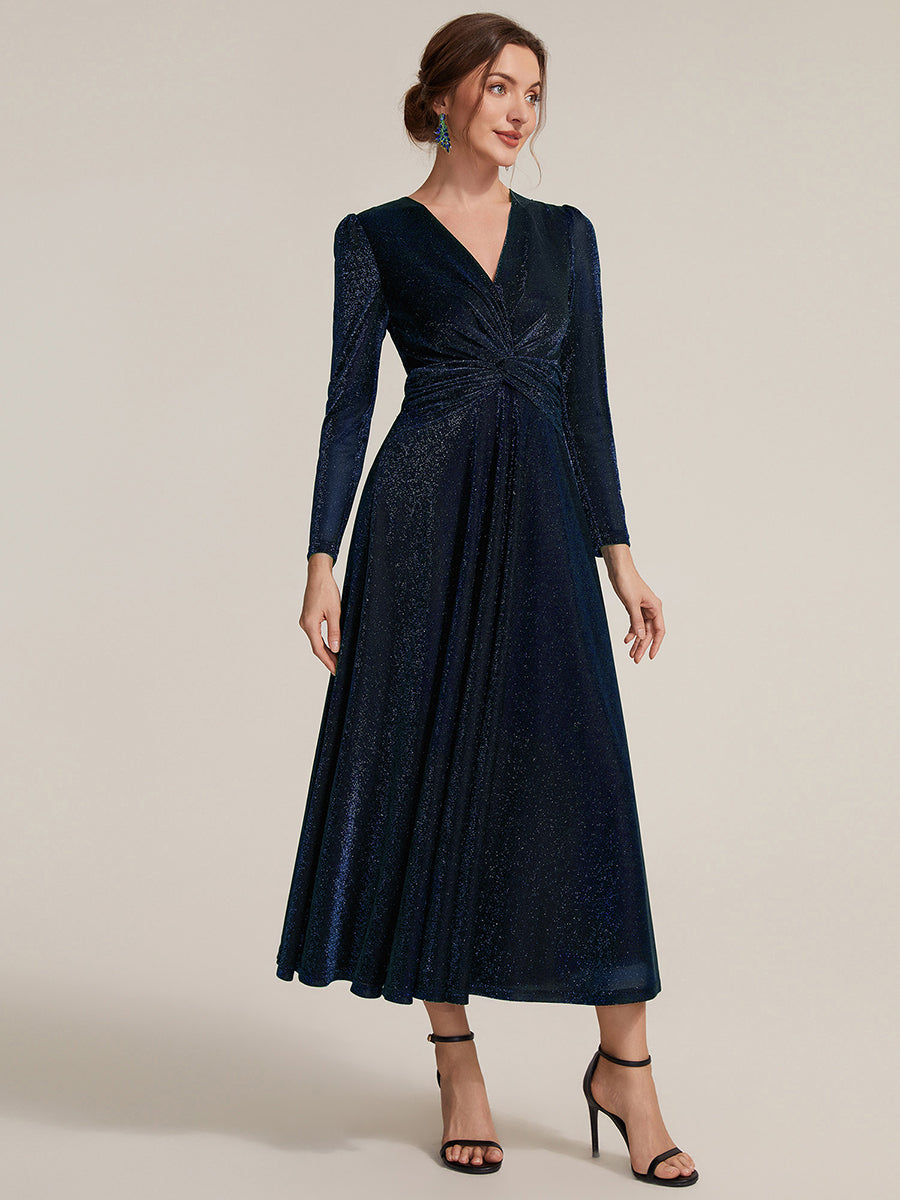 Knot Detail Knit Glitter Long Sleeve Wedding Guest Dress #color_Navy Blue
