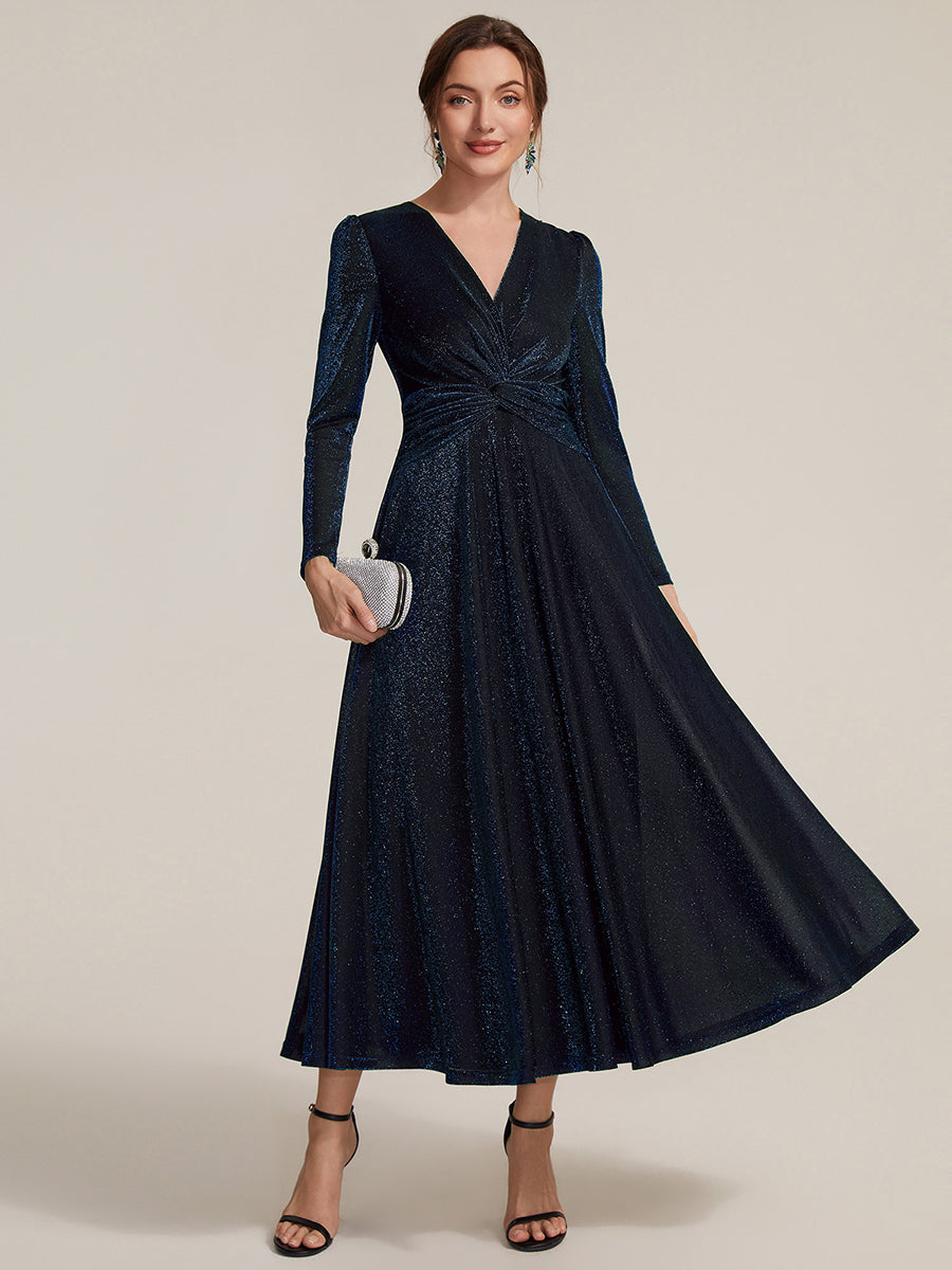 Knot Detail Knit Glitter Long Sleeve Wedding Guest Dress #color_Navy Blue