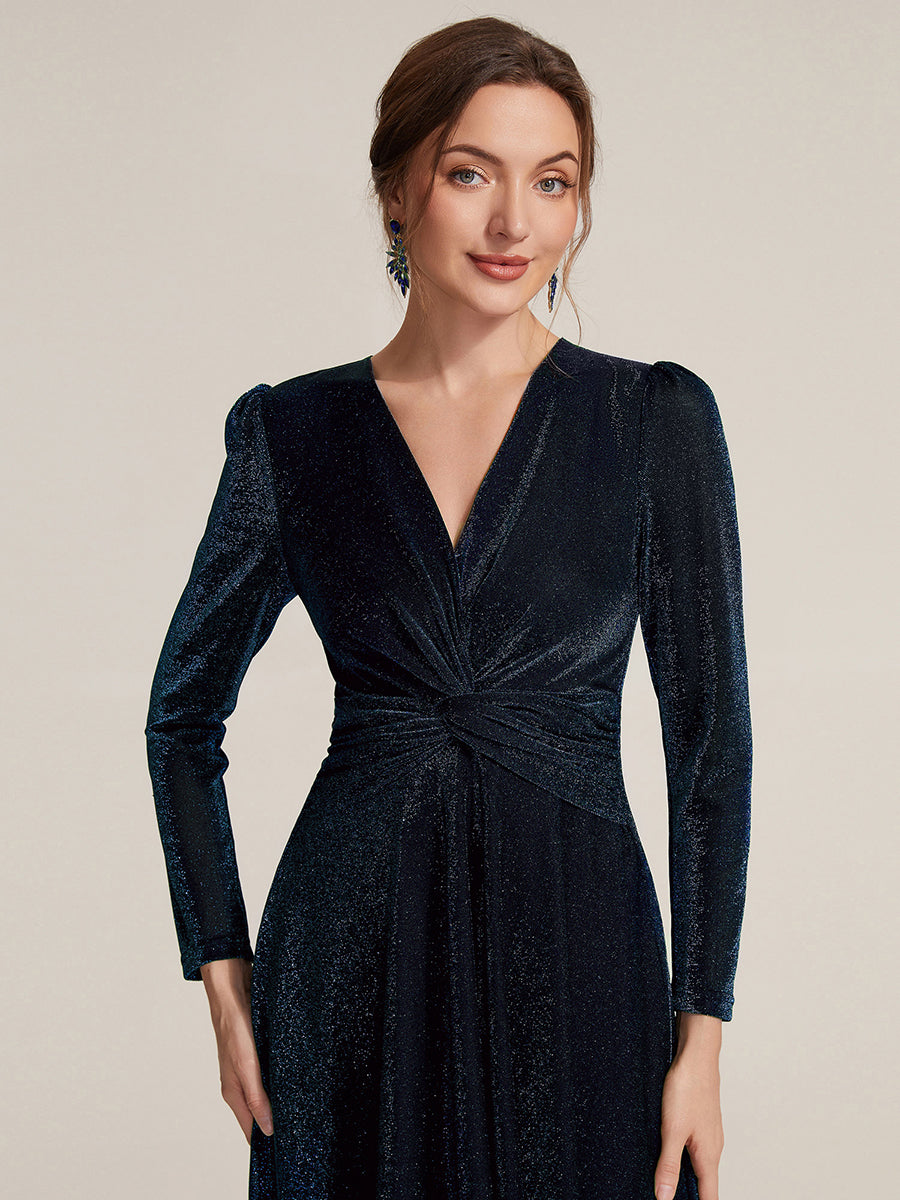 Knot Detail Knit Glitter Long Sleeve Wedding Guest Dress #color_Navy Blue