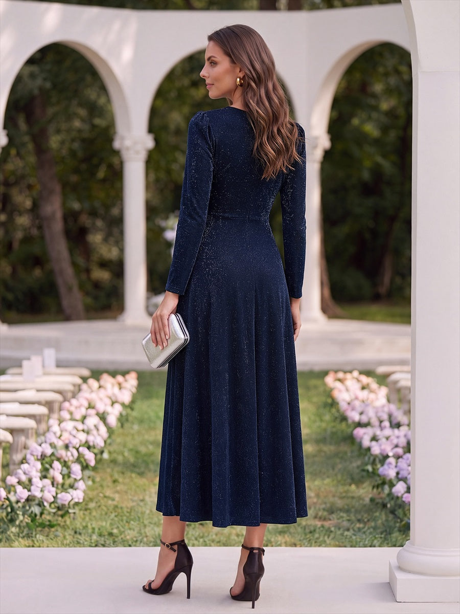 Knot Detail Knit Glitter Long Sleeve Wedding Guest Dress #color_Navy Blue