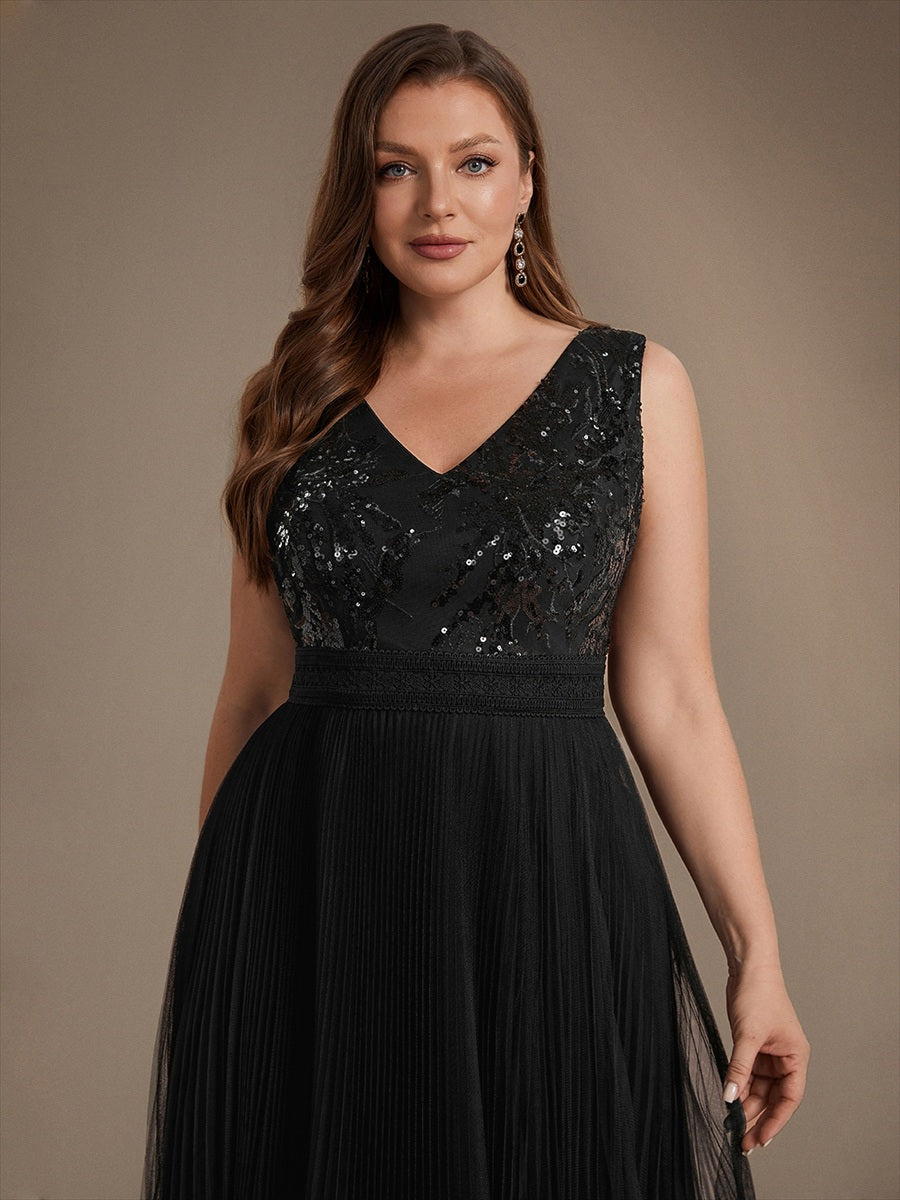 Plus Size Tulle Sleeveless Wedding Guest Dress #color_Black