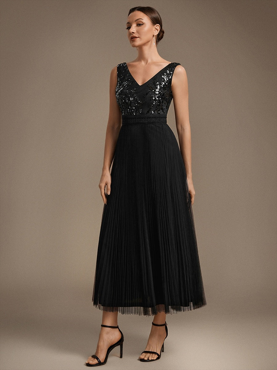 Tulle Sleeveless A-Line Wedding Guest Dress #color_Black