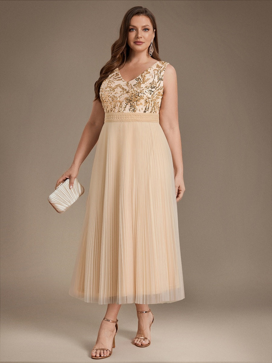 Plus Size Tulle Sleeveless Wedding Guest Dress #color_Gold