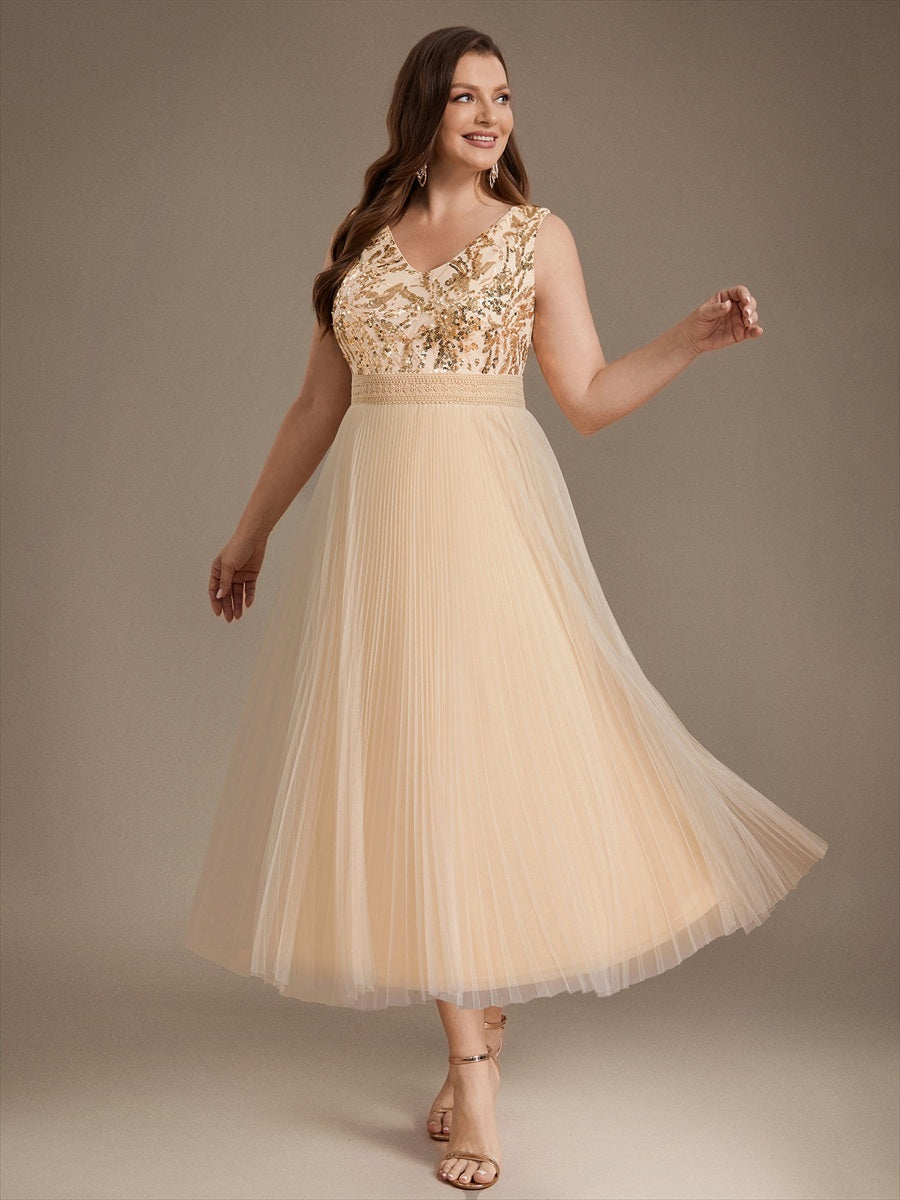 Tulle Sleeveless A-Line Wedding Guest Dress #color_Gold