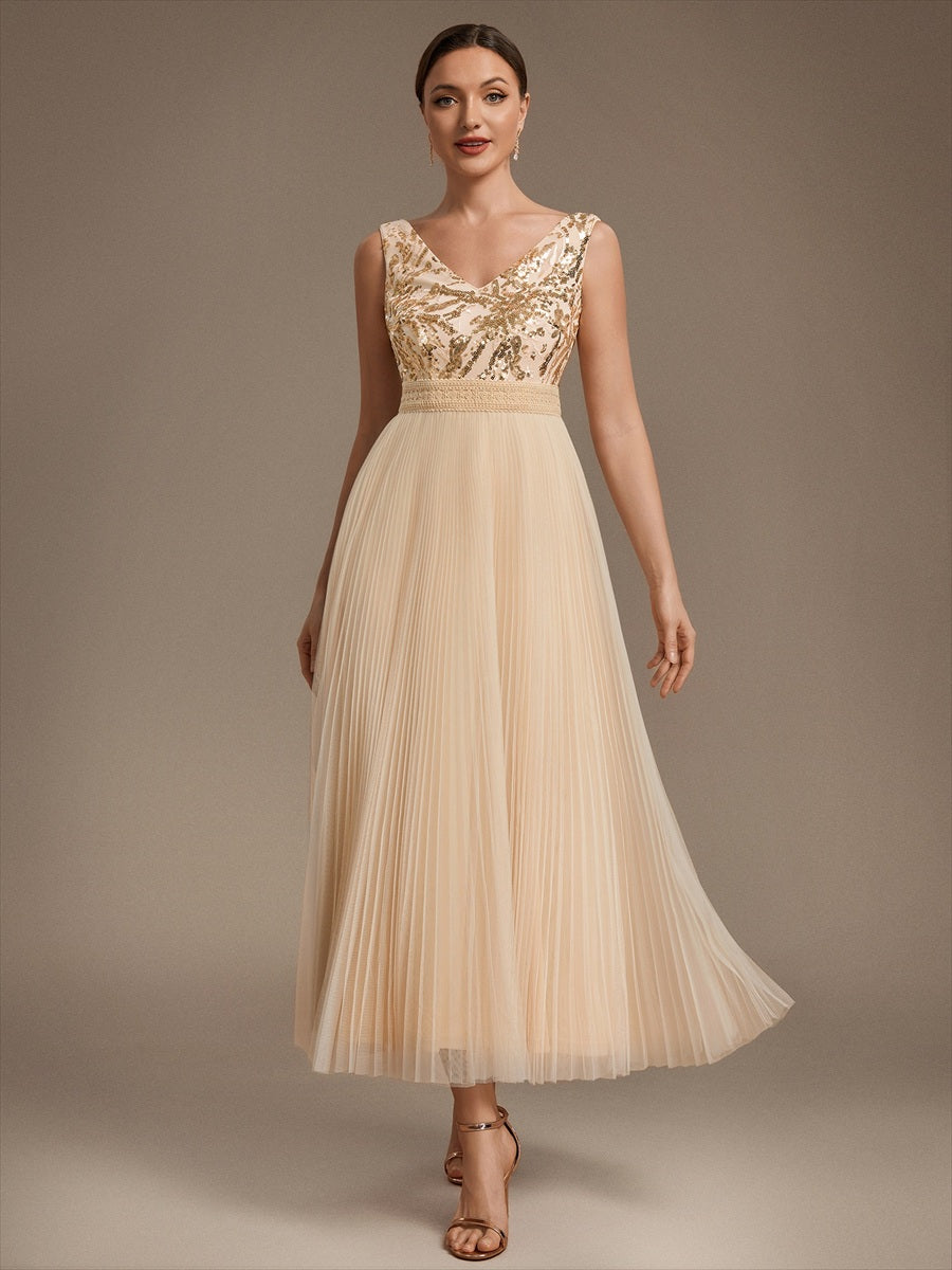 Tulle Sleeveless A-Line Wedding Guest Dress #color_Gold