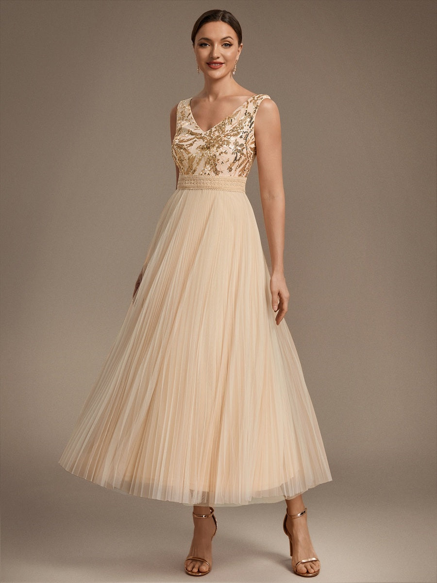 Tulle Sleeveless A-Line Wedding Guest Dress #color_Gold