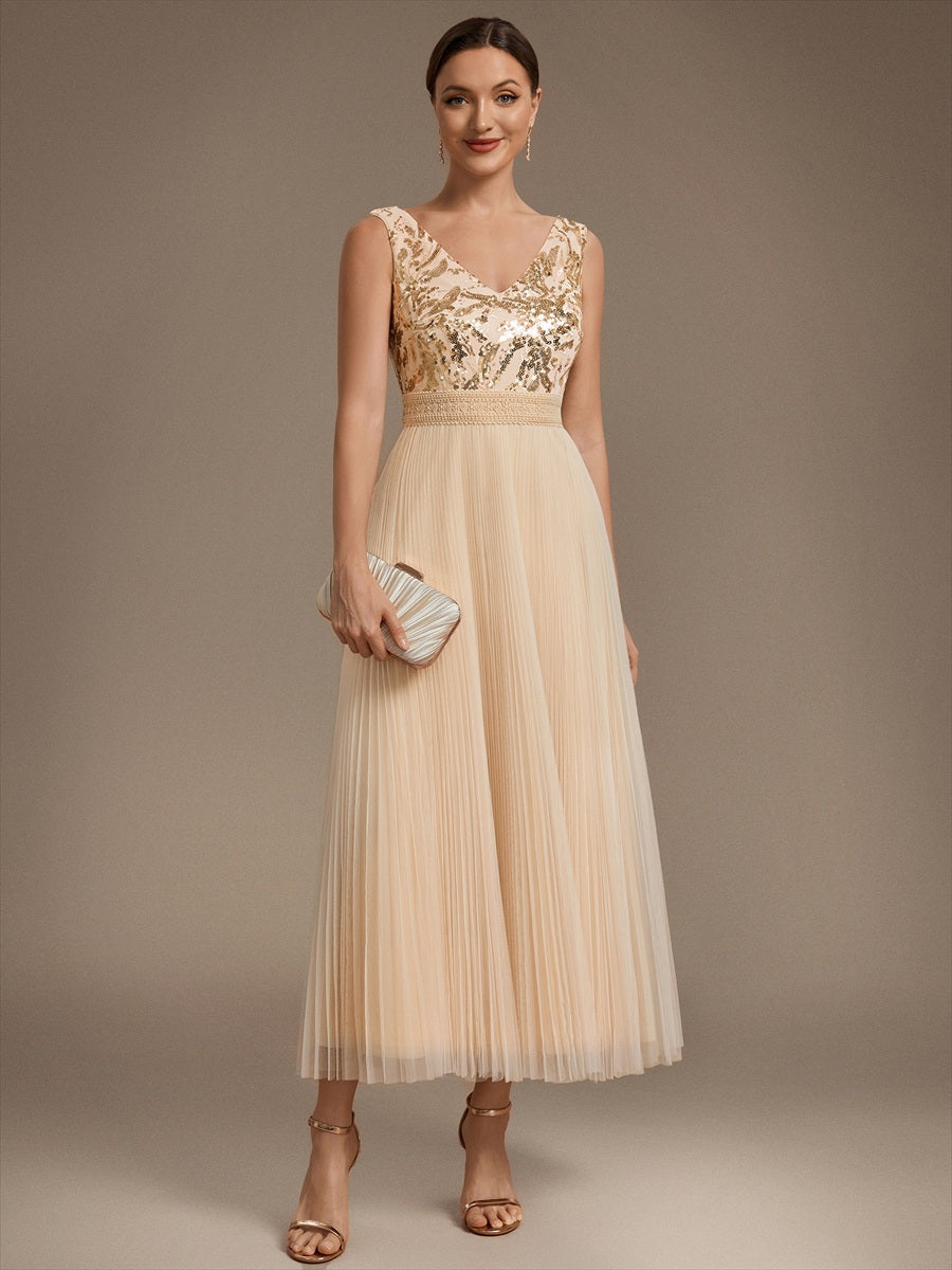 Tulle Sleeveless A-Line Wedding Guest Dress #color_Gold