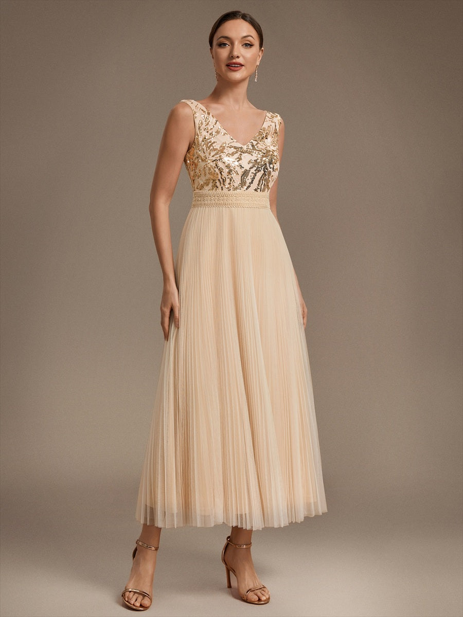Tulle Sleeveless A-Line Wedding Guest Dress #color_Gold