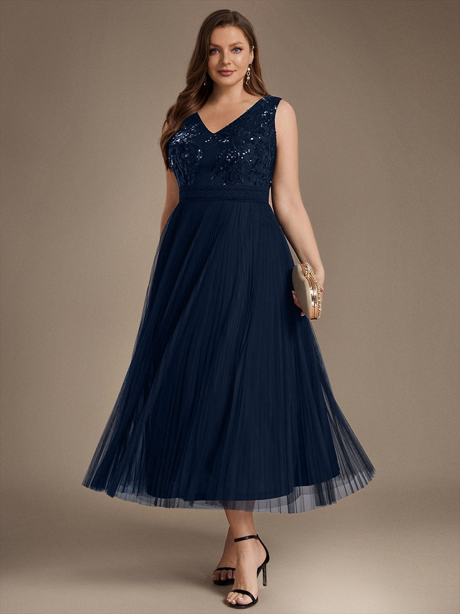 Tulle Sleeveless A-Line Wedding Guest Dress #color_Navy Blue