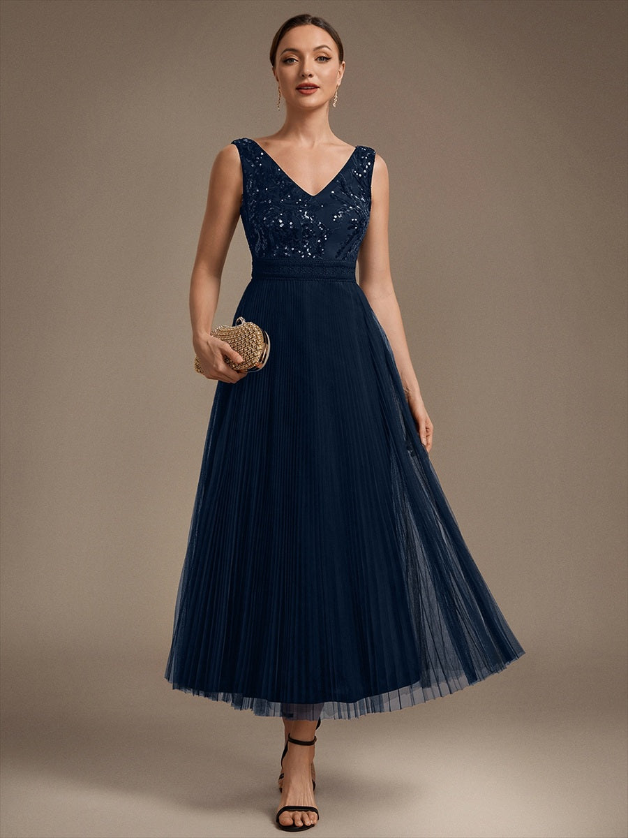 Tulle Sleeveless A-Line Wedding Guest Dress #color_Navy Blue