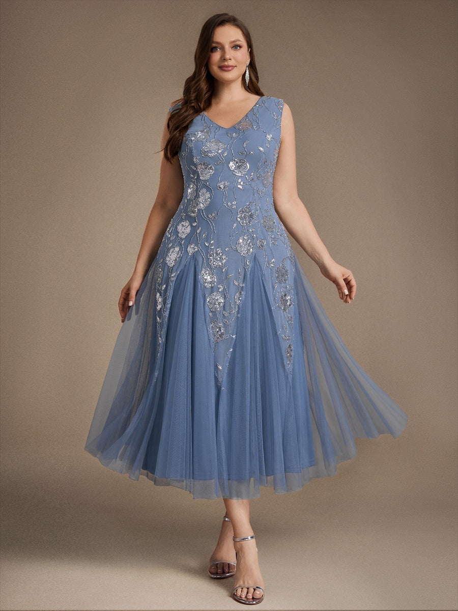 Beading Floral Sequins Sleeveless Wedding Guest Dress #color_Dusty Blue