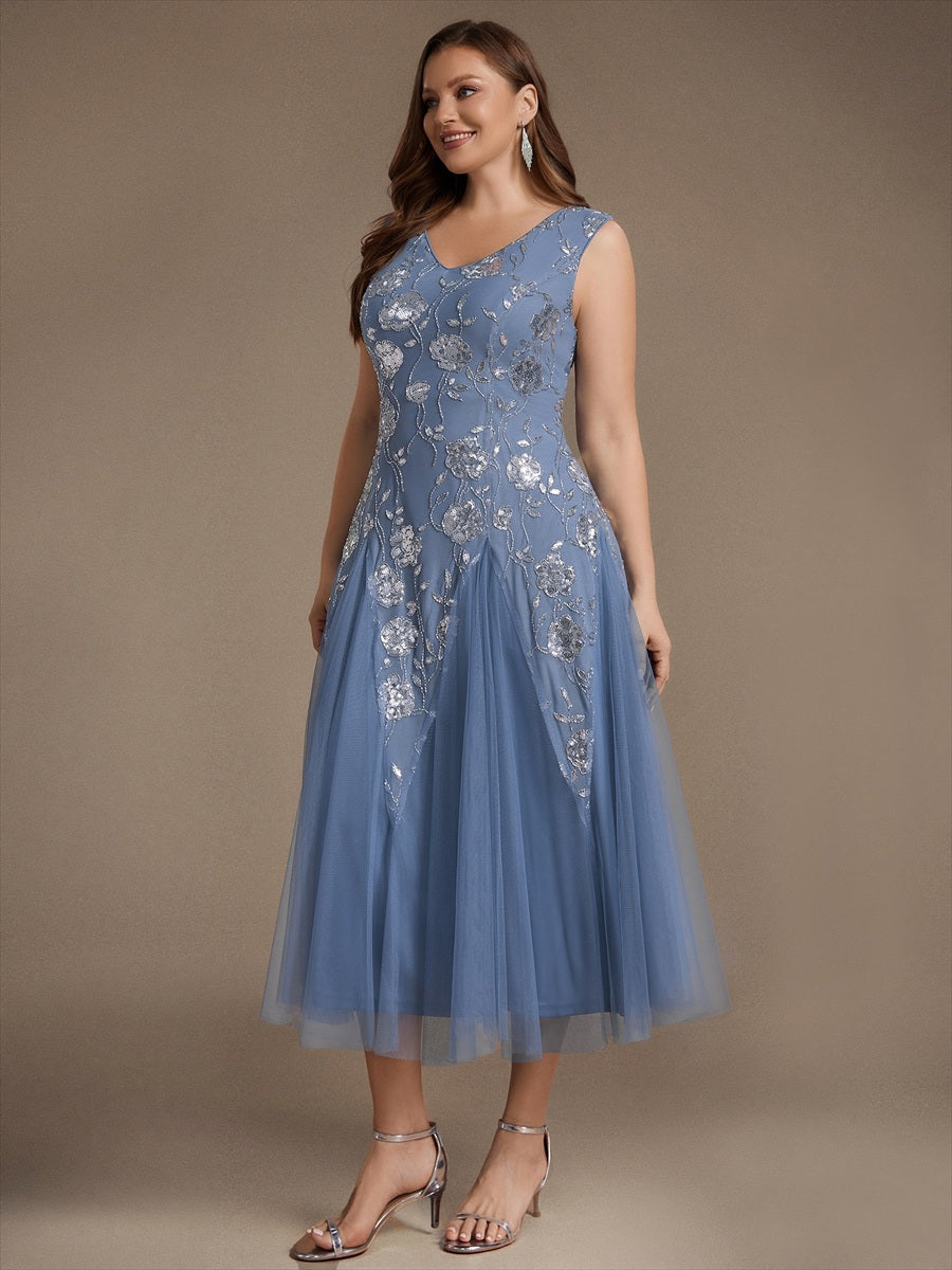 Beading Floral Sequins Sleeveless Wedding Guest Dress #color_Dusty Blue
