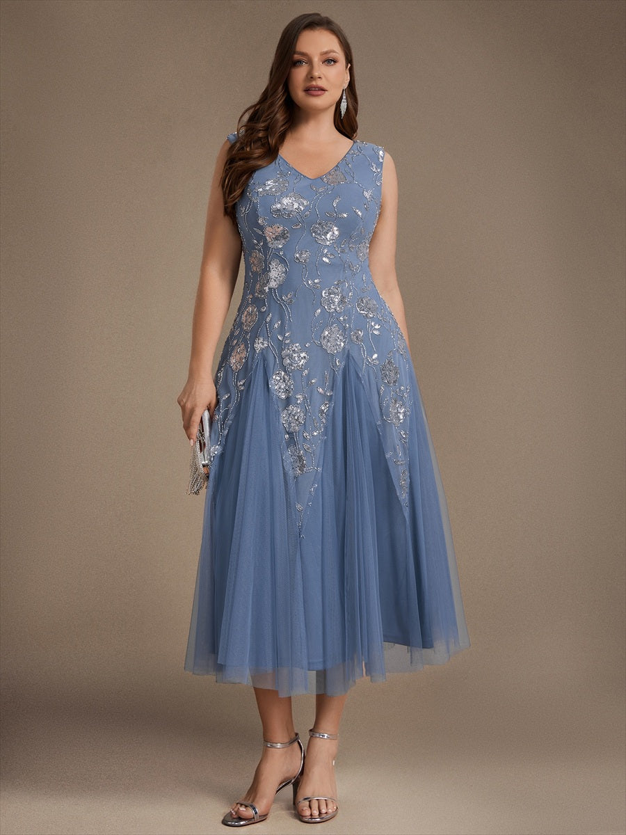 Beading Floral Sequins Sleeveless Wedding Guest Dress #color_Dusty Blue