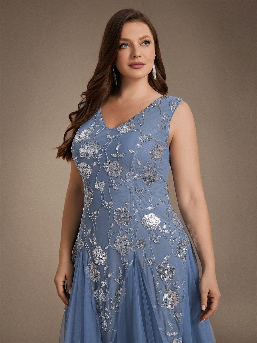 Beading Floral Sequins Sleeveless Wedding Guest Dress #color_Dusty Blue